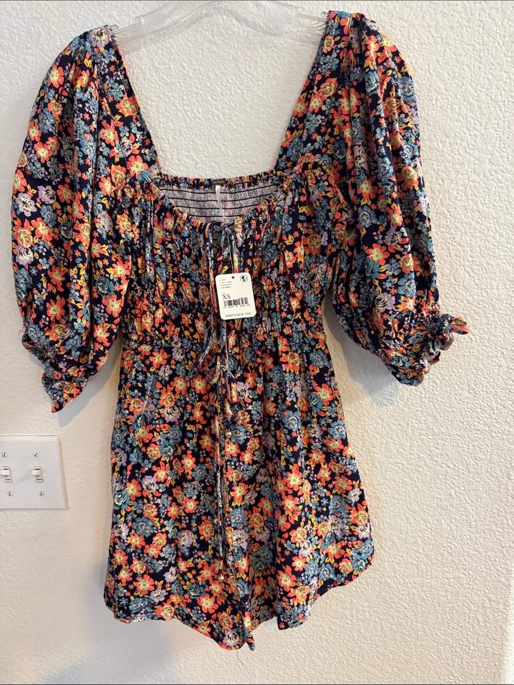 Free People Navy Floral Puff-Sleeve Romper